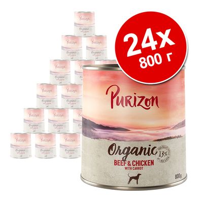 24 банки по 800 г Purizon Organic Beef & Chicken with Carrot. На упаковке изображён силуэт собаки и надпись: 13% meat & animal ingredients.