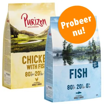 Twee zakken Purizon hondenvoer: Chicken with Fish 80% dierlijke ingrediënten, 20% groente & fruit; Fish 80% dierlijk, 20% groente & fruit. Oranje cirkel met tekst: Probeer nu!