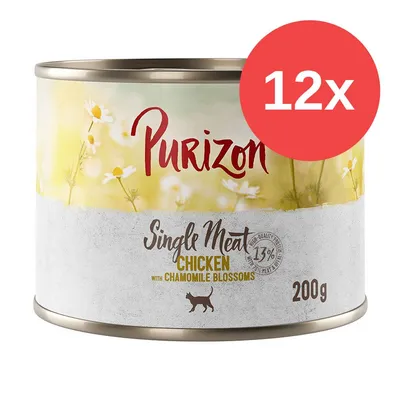 Purizon Single Meat Chicken with Chamomile Blossoms, 200 g, confezione da 12. Testo visibile: 13% high-quality meat & animal protein. Immagine di una lattina per gatti.