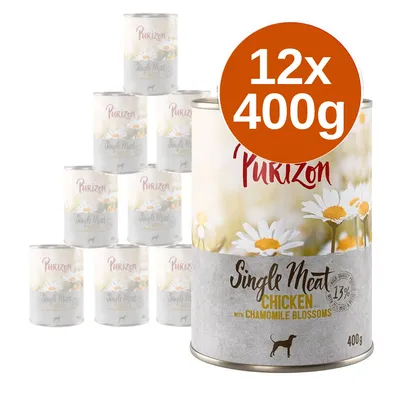 Purizon Single Meat Chicken with Chamomile Blossoms, 12 puszek po 400 g. Widoczny napis: 13% mięsa, 400 g. Opakowanie z rysunkiem rumianku i sylwetką psa.