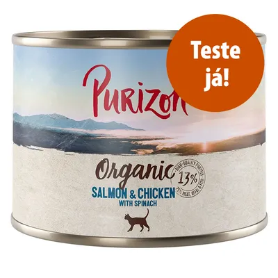 Purizon Organic Salmon & Chicken with Spinach, 13% proteína, imagem de lata com selo 'Teste já!'. Texto em inglês visível no rótulo.