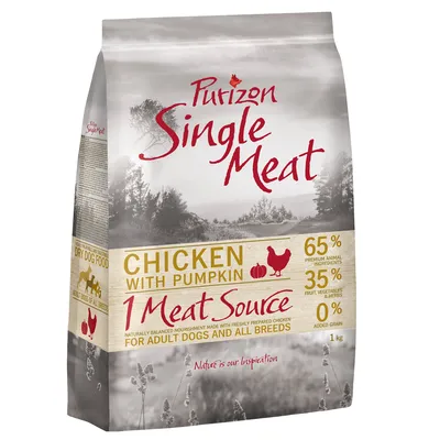 Purizon Single Meat tørfoder til hunde, variant Chicken med græskar. 65% animalske ingredienser, 35% grøntsager og urter, 0% korn. Til voksne hunde af alle racer. Pakningsstørrelse: 1 kg.