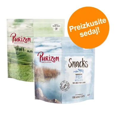Purizon Snacks Fish with Beef, 100 % meat, fish & liver, for adult cats, 40 g. Oranžen krog z besedilom: Preizkusite sedaj! Purizon Snacks Fish with Beef, 100 % meat, fish & liver, for adult cats, 40 g. Oranžen krog z besedilom: Preizkusite sedaj!