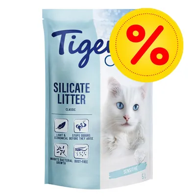 Tigerino Silicate Litter Classic Sensitive 5L, afbeelding van witte kat. Voordelen: licht, geurstop, remt bacteriegroei, stofvrij. Geel kortingssymbool met rood procentteken zichtbaar.