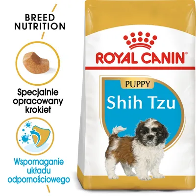 ROYAL CANIN Puppy Shih Tzu, specjalnie opracowany krokiet, wspomaganie układu odpornościowego, opakowanie z wizerunkiem szczeniaka rasy Shih Tzu ROYAL CANIN Puppy Shih Tzu, specjalnie opracowany krokiet, wspomaganie układu odpornościowego, opakowanie z wizerunkiem szczeniaka rasy Shih Tzu