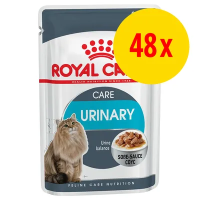 Royal Canin Care Urinary kattefoder, 48x. Tekst: Urine balance, Sobe-Sauce Coyc. Billede af kat og foder i sovs på emballagen. Royal Canin Care Urinary kattefoder, 48x. Tekst: Urine balance, Sobe-Sauce Coyc. Billede af kat og foder i sovs på emballagen.