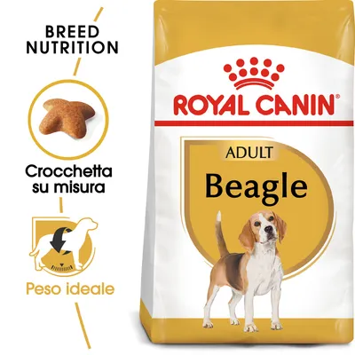 Sacchetto Royal Canin Adult Beagle, crocchetta su misura, testo visibile: Breed Nutrition, Peso ideale, immagine di un cane Beagle sulla confezione.