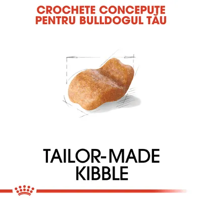 CROCHETE CONCEPUTE PENTRU BULLDOGUL TĂU. Tailor-made kibble. Imagine cu o croșetă de hrană uscată pentru câini, text în engleză și română vizibil.