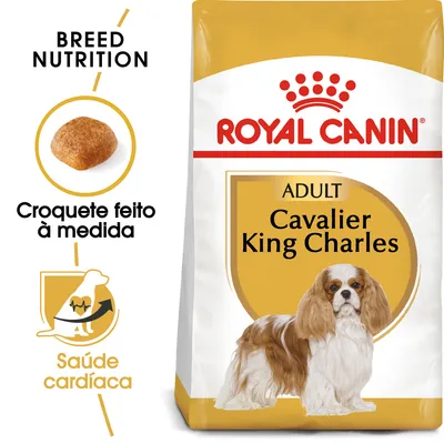 Royal Canin Adult Cavalier King Charles, croquete feito à medida, saúde cardíaca. Embalagem de ração para cães com imagem do croquete e ilustração de cão.