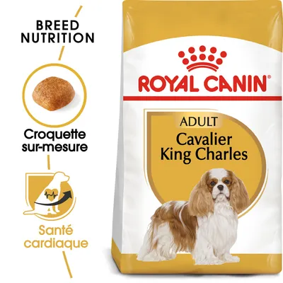 Sachet Royal Canin Adult Cavalier King Charles, croquette sur-mesure, mention santé cardiaque, image d’un chien Cavalier King Charles visible sur l’emballage.