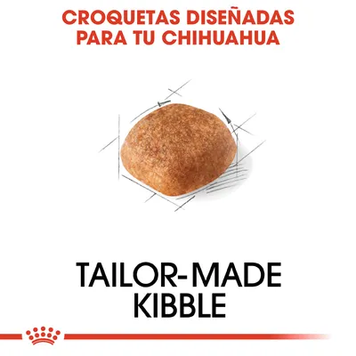 Croquetas diseñadas para tu chihuahua. Imagen de una croqueta individual. Texto en inglés: Tailor-made kibble.