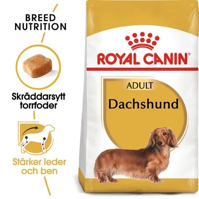 Royal Canin Adult Dachshund torrfoder, text: Skräddarsytt torrfoder, Stärker leder och ben, bild på foderbit och tax. För vuxen tax enligt förpackning.