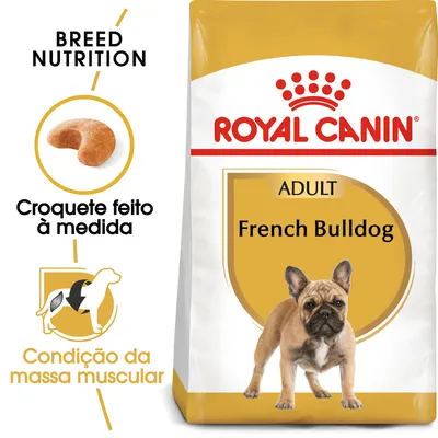 Embalagem de ração Royal Canin Adult French Bulldog. Texto visível: 'Croquete feito à medida', 'Condição da massa muscular', 'Breed Nutrition'. Imagem de croquete e cão.