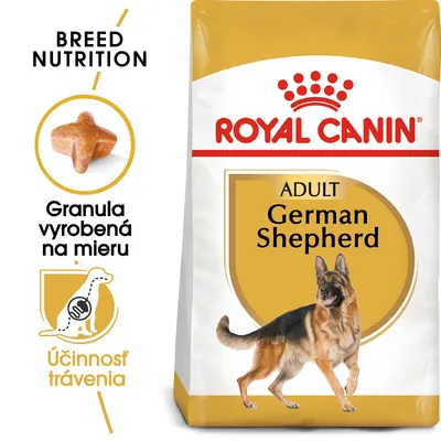 ROYAL CANIN ADULT German Shepherd, granula vyrobená na mieru, účinnosť trávenia. Balenie s obrázkom nemeckého ovčiaka a tvarom granuly.