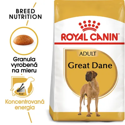 Balenie Royal Canin ADULT Great Dane, granula vyrobená na mieru, koncentrovaná energia, obrázok dogy a tvar granuly, nápisy v slovenčine aj angličtine.