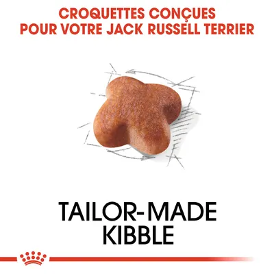 Croquettes conçues pour votre Jack Russell Terrier. Texte en anglais : Tailor-made kibble.