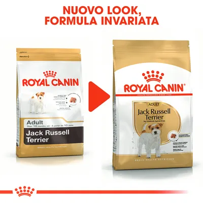 ROYAL CANIN Jack Russell Terrier Adult, confronto tra vecchio e nuovo packaging. Testo in alto: Nuovo look, formula invariata.