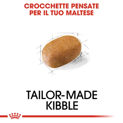 CROCCHETTE PENSATE PER IL TUO MALTESE. TAILOR-MADE KIBBLE. Crocchetta singola su sfondo bianco con schizzi tecnici.