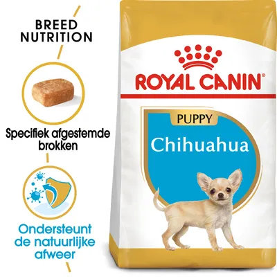 Royal Canin Puppy Chihuahua hondenvoer; verpakking toont merknaam, productnaam en afbeelding van een chihuahua. Tekst: Specifiek afgestemde brokken, ondersteunt de natuurlijke afweer.