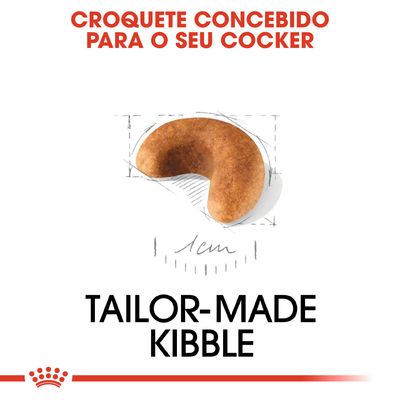 Croquete concebido para o seu Cocker, tamanho aproximado 1 cm. Texto em inglês: Tailor-made kibble.