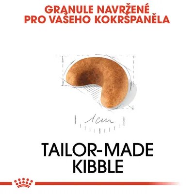 Granule navržené pro vašeho kokršpaněla, obrázek granule s popisem 1 cm, text: TAILOR-MADE KIBBLE