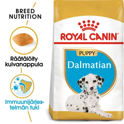 Royal Canin Puppy Dalmatian -kuivaruokapakkaus, tekstit: Räätälöity kuivanappula, Immuunijärjestelmän tuki, kuva nappulasta ja dalmatialaispennusta.