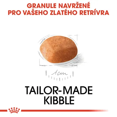 Granule navržené pro zlatého retrívra, průměr 1 cm. Text: TAILOR-MADE KIBBLE.