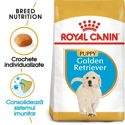 Sac hrană Royal Canin Puppy Golden Retriever, text vizibil: Crochete individualizate, Consolidează sistemul imunitar, BREED NUTRITION.
