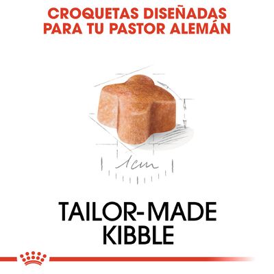 Croquetas diseñadas para tu pastor alemán. Imagen de croqueta con tamaño aproximado de 1 cm. Texto en inglés: Tailor-made kibble.