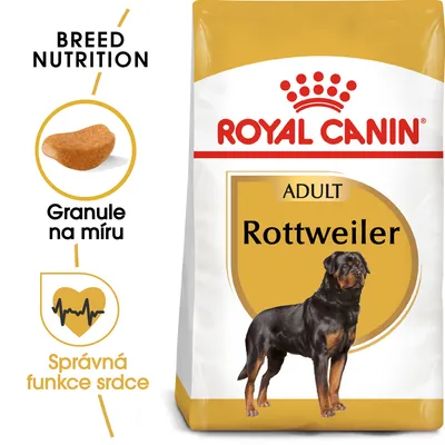 ROYAL CANIN ADULT Rottweiler, obrázek granule na míru, text: Granule na míru, Správná funkce srdce, BREED NUTRITION, balení se psem rottweilerem.