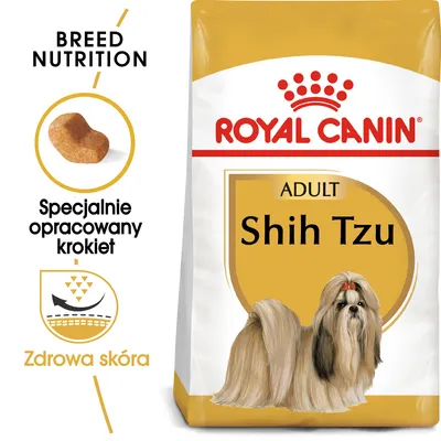 ROYAL CANIN ADULT Shih Tzu, specjalnie opracowany krokiet, zdrowa skóra. Opakowanie karmy z ilustracją psa rasy shih tzu.