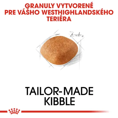 Granuly vytvorené pre vášho westhighlandského teriéra. TAILOR-MADE KIBBLE. Zobrazená jedna granula s nákresom tvaru.