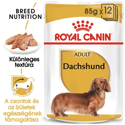Royal Canin Adult Dachshund 85g x12 kutyaeledel csomagolás, különleges textúra, a csontok és ízületek egészségének támogatása felirattal