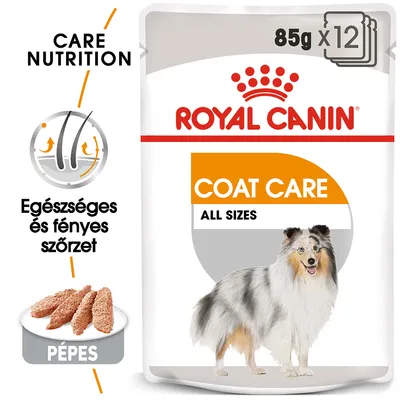 Royal Canin COAT CARE ALL SIZES 85g x12, pépes. Egészséges és fényes szőrzet. Kutya képe a csomagoláson.
