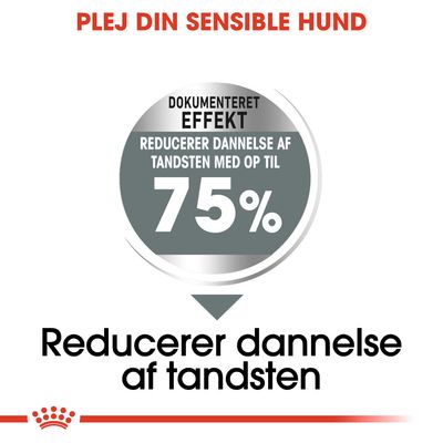 PLEJ DIN SENSIBLE HUND. Dokumenteret effekt: reducerer dannelse af tandsten med op til 75 %. Reducerer dannelse af tandsten.
