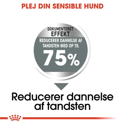PLEJ DIN SENSIBLE HUND. Dokumenteret effekt: reducerer dannelse af tandsten med op til 75 %. Reducerer dannelse af tandsten.