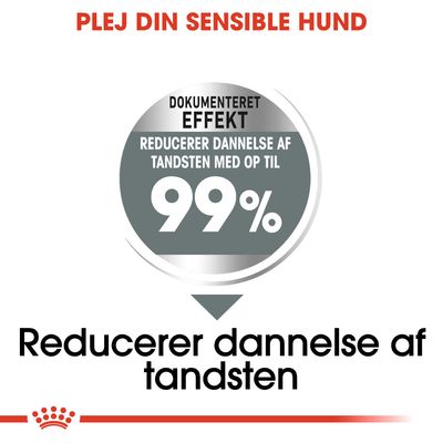 PLEJ DIN SENSIBLE HUND. Dokumenteret effekt: reducerer dannelse af tandsten med op til 99 %. Reducerer dannelse af tandsten.