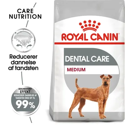 Royal Canin Dental Care Medium hundefoder. Tekst: Reducerer dannelse af tandsten, dokumenteret effekt reducerer dannelse af tandsten med op til 99 %. Care Nutrition.