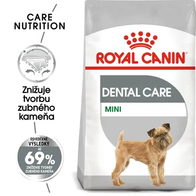 Royal Canin Dental Care Mini. Znižuje tvorbu zubného kameňa, osvedčené výsledky až 69 % zníženie tvorby zubného kameňa. Balenie s obrázkom malého psa.