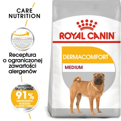 ROYAL CANIN DERMACOMFORT MEDIUM, receptura o ograniczonej zawartości alergenów, 91% zadowolonych właścicieli po 2 miesiącach, opakowanie z wizerunkiem psa