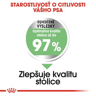 Starostlivosť o citlivosť psa. Osvedčené výsledky: optimálna kvalita stolice až do 97 %. Zlepšuje kvalitu stolice.