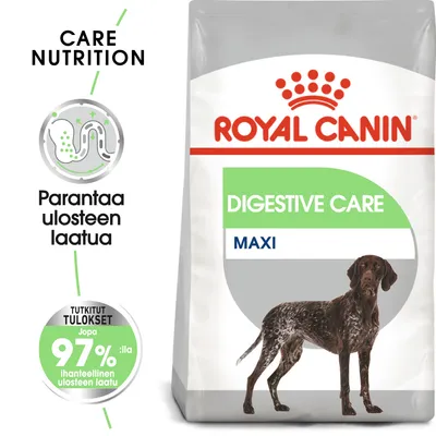 Royal Canin Digestive Care Maxi -koiranruokapakkaus, tekstit: Parantaa ulosteen laatua, Tutkitut tulokset jopa 97 %:lla ihanteellinen ulosteen laatu, kuva isosta koirasta Royal Canin Digestive Care Maxi -koiranruokapakkaus, tekstit: Parantaa ulosteen laatua, Tutkitut tulokset jopa 97 %:lla ihanteellinen ulosteen laatu, kuva isosta koirasta