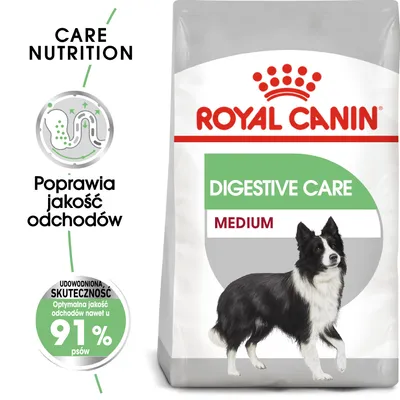 Royal Canin Digestive Care Medium. Poprawia jakość odchodów. Udowodniona skuteczność: optymalna jakość odchodów nawet u 91 % psów. Opakowanie z ilustracją psa. Royal Canin Digestive Care Medium. Poprawia jakość odchodów. Udowodniona skuteczność: optymalna jakość odchodów nawet u 91 % psów. Opakowanie z ilustracją psa.