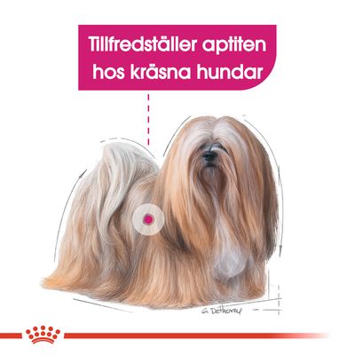 Text: Tillfredsställer aptiten hos kräsna hundar. Illustration av långhårig hund med rosa cirkel på kroppen, Royal Canin-symbol längst ner.