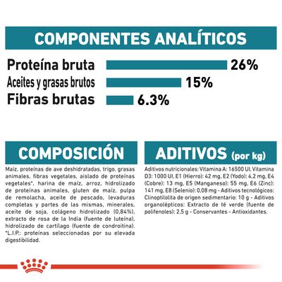 Componentes analíticos: proteína bruta 26 %, aceites y grasas brutos 15 %, fibras brutas 6,3 %. Composición y aditivos detallados por kg, incluyendo vitaminas, minerales y extractos.