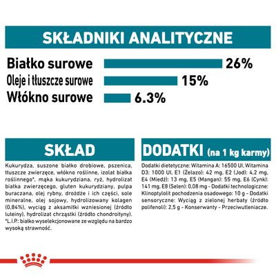 Składniki analityczne: białko surowe 26 %, oleje i tłuszcze surowe 15 %, włókno surowe 6,3 %. Skład: kukurydza, suszone białko drobiowe, pszenica, tłuszcze zwierzęce, dodatki witaminowe.