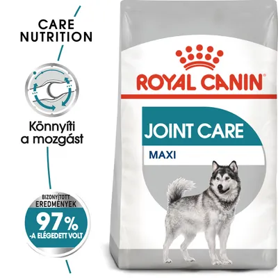 Royal Canin Joint Care Maxi kutyatáp csomagolás, szöveg: Könnyíti a mozgást, Bizonyított eredmények 97%-a elégedett volt, CARE NUTRITION, illusztrált kutya képe