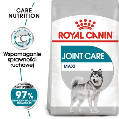ROYAL CANIN JOINT CARE MAXI, wspomaganie sprawności ruchowej, udowodniona skuteczność 97% zadowolonych właścicieli po 28 dniach, opakowanie z wizerunkiem psa