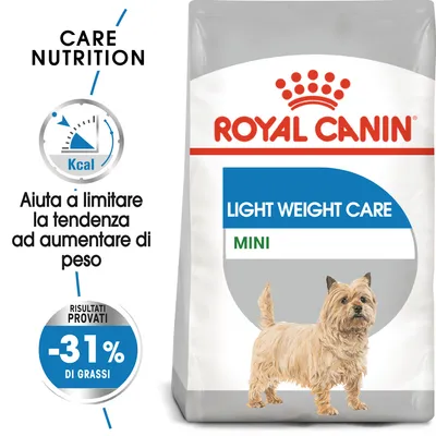 Royal Canin Light Weight Care Mini, aiuta a limitare la tendenza ad aumentare di peso, risultati provati -31% di grassi, immagine di un cane piccolo sulla confezione.
