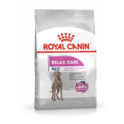 Royal Canin Relax Care Maxi -koiranruokapakkaus, näkyvissä tekstit: Adaptation to Changes, +44,4 % normal behaviour, kuva isosta koirasta, valkoinen ja violetti pakkaus